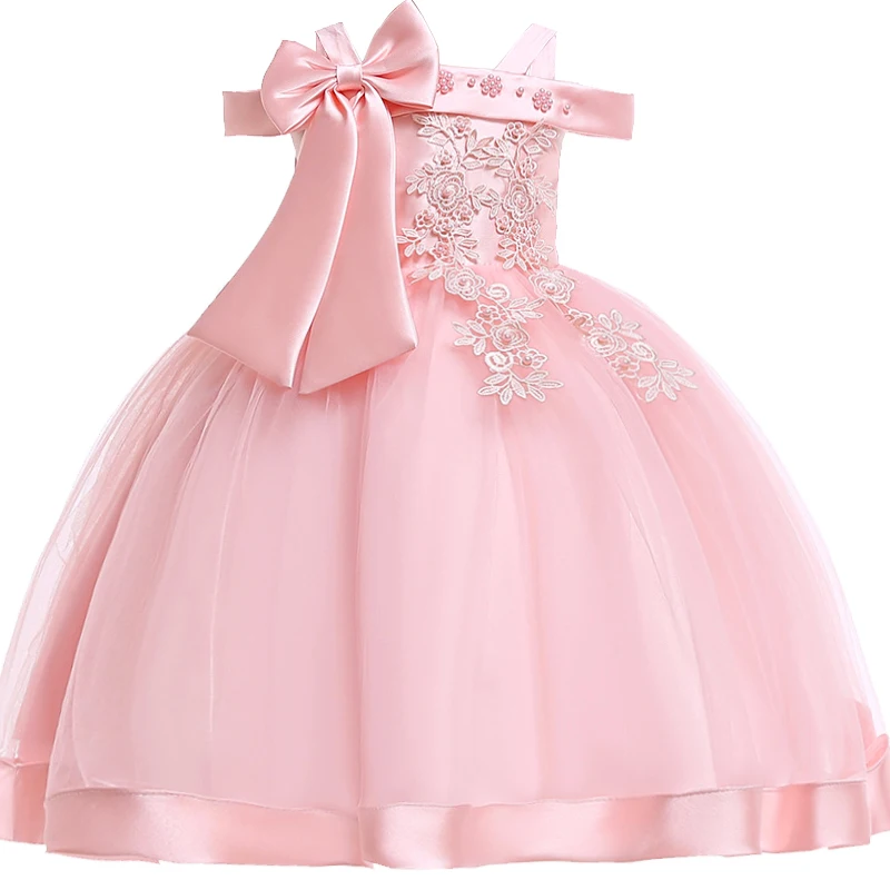 3-10 Years Kids Christmas Party Dresses Girls Appliques Flower Elegant Wedding Dress Bow Children Birthday Prom Gown