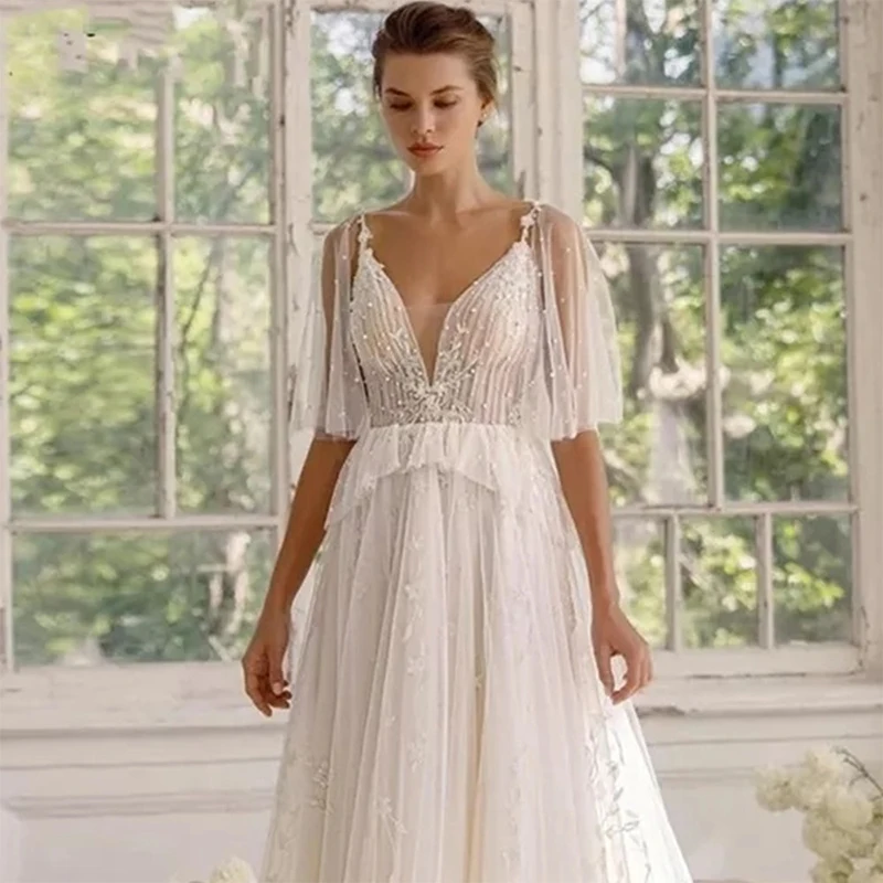 

Princess Deep V-Neck Bride Dress Spaghetti Strap Appliques Backless Wedding Dress 2022 Short Shawl Tulle Train Vestido De Novia
