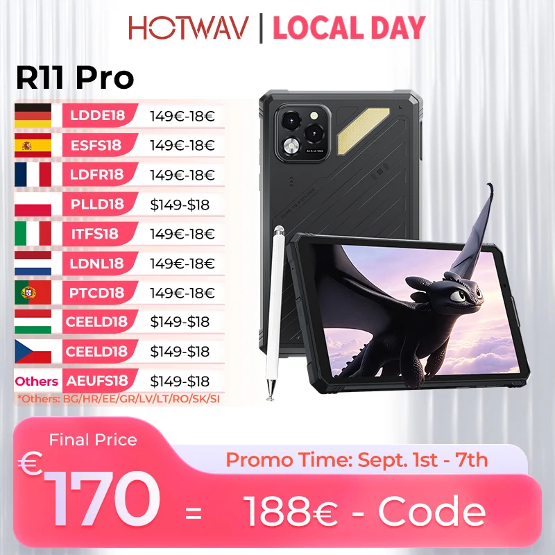 Tablette robuste HOTWAV R11 Pro 8,7'' HD avec écran 120Hz, batterie massive de 10150mAh, charge rapide 20W, Android 16, super lampe de camping, 8 Go de RAM, 256 Go de ROM, appareil photo 64MP + 16MP, 1080P, tablette PC légère avec stylet, GPS, WiFi, OTG. 1