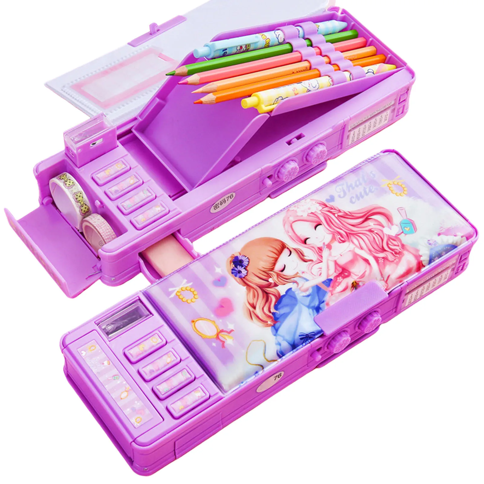 다기능 연필 문구 상자 콤비네이션 잠금 장치, 대용량 연필 케이스, 여아용 문구 상자
