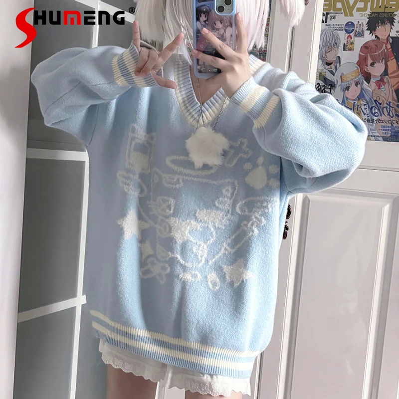 

Japanese Rojita Style Cute Cartoon Water Blue V-neck Pullovers Sweater Women's Clothing Oversized Long Sleeved Sueters De Mujer