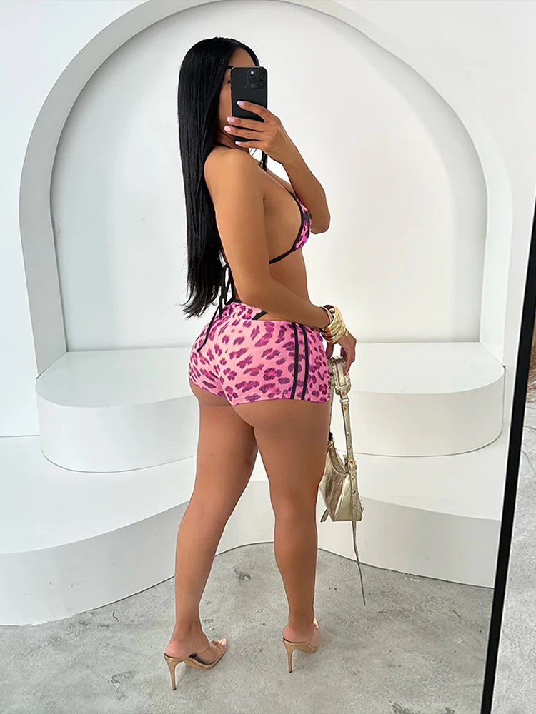 Nibber Vacation Leopard Print Sexy 3 Piece Set Women Beach Halter Bra+Panties+Shorts Summer Midnight Matching Party Clubwear