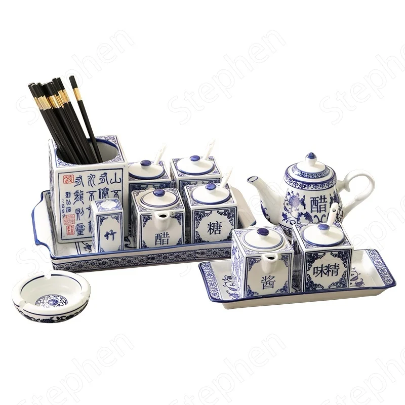 Blue and White Ceramic Canister Set Kitchen Chinese Vintage Spice Jars Salt Sugar Monosodium Glutamate Vinegar Chili Soy Bottle Seasoning jar,seasoning bottle organizer
