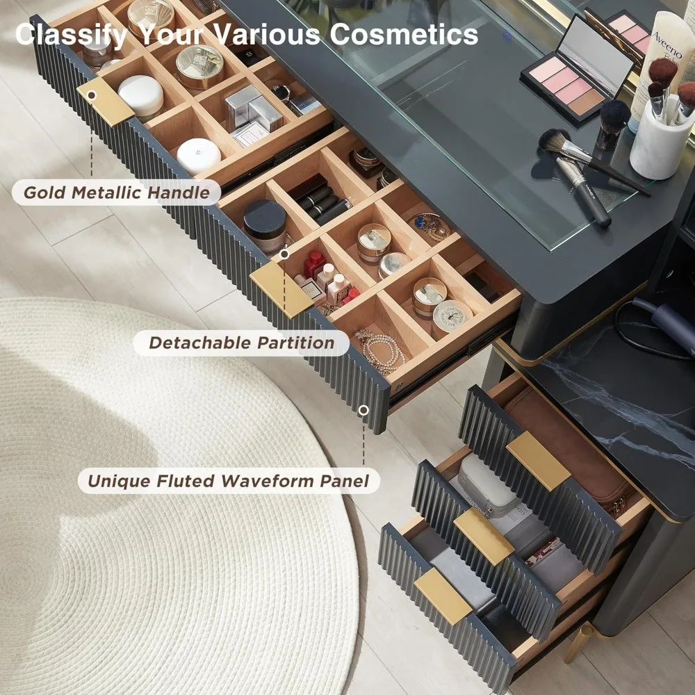 Fluted Makeup Vanity Desk with 36" HD Lighted Mirror, 48" Big Modern Vanity Desk with Mirror and Lights, Dressing Table 4