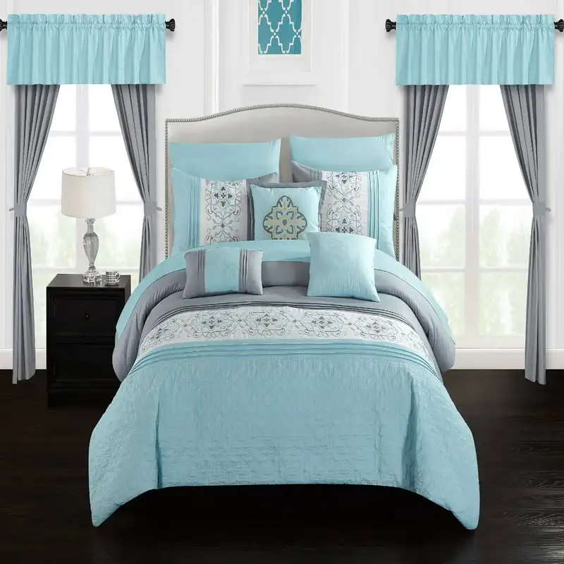 

Herta 20-Piece Color Block Embroidered Comforter Set, Aqua Queen, Blue