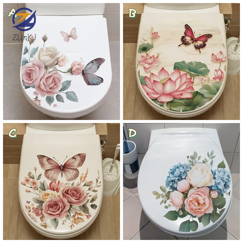 Flowers And Butterflies Pattern Decorative Toilet Wall Sticker For Bathroom Decor Wall Decor Adhesive Wallpaper Toilet