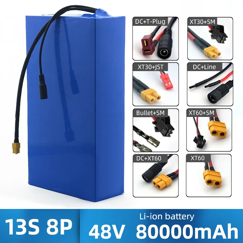 

48V 13S8P 80000mAh ultra strong 18650 cell electric bicycle lithium battery rechargeable battery pack BMS + charger