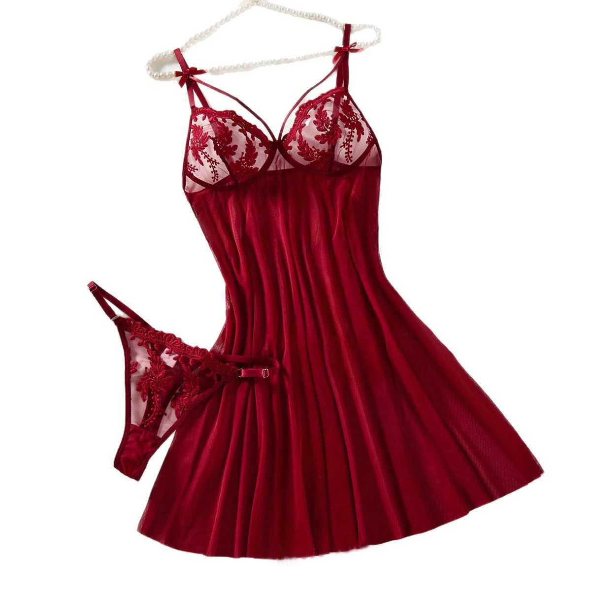 Elegant Wine Red Semi-Transparent Nightgown with Wheat Ear Embroidery and Bow Design