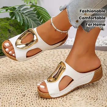 New Summer Women Fashion Slip on Slippers Beach Slippers Solid Color Round Head Wedges Casual Designer Shoes Slides Women 1