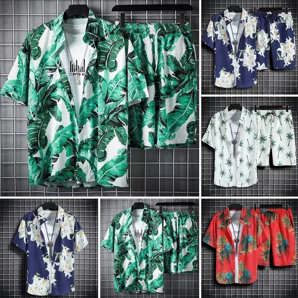 

Drawstring Elastic Waist Shorts Shirt Set Hawaiian Style Shirt Shorts Set with Tropical Leaves Print Single Breasted for Men