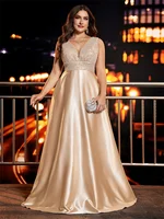 Plus Size Elegant Sequins Evening Dress For Women 2025 Deep V-neck Satin Prom Party Dress Floor Length Formal Gowns - Image 3
