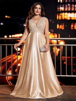 فستان سهرة أنيق مقاس كبير مزين بالترتر للنساء 2025 عميق على شكل حرف v من الساتان للحفلات الراقصة طول الأرض فساتين رسمية 3