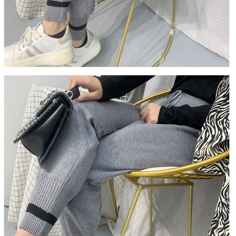 Autumn Winter High Waist Knitting Striped Harem Pants Solid Loose All-match Youth Wide Leg Pants Casual Fashion Women Clothing