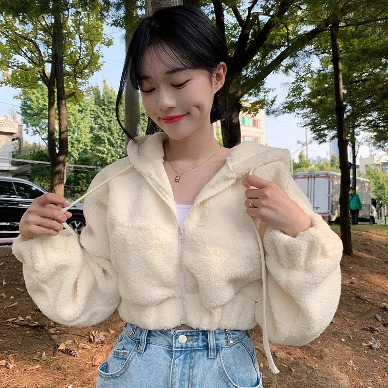 Furry Hooded 3/4 Jacket Zipper Jacket 2024 New Women's Jacket Winter Black Short Jacket 90s Harajuku Korean Women's Wear