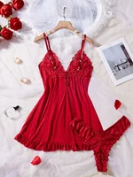 Sexy Lace Lingerie Set for Women, Red Sleepwear Nightdress with Matching Panties, V-Neck Sheer Lace Camisole, Romantic Night - Image 2