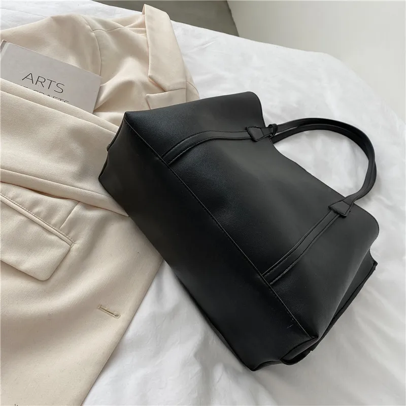 1PC black minimalist large capacity soft leather tote bag casual versatile shoulder bag 3