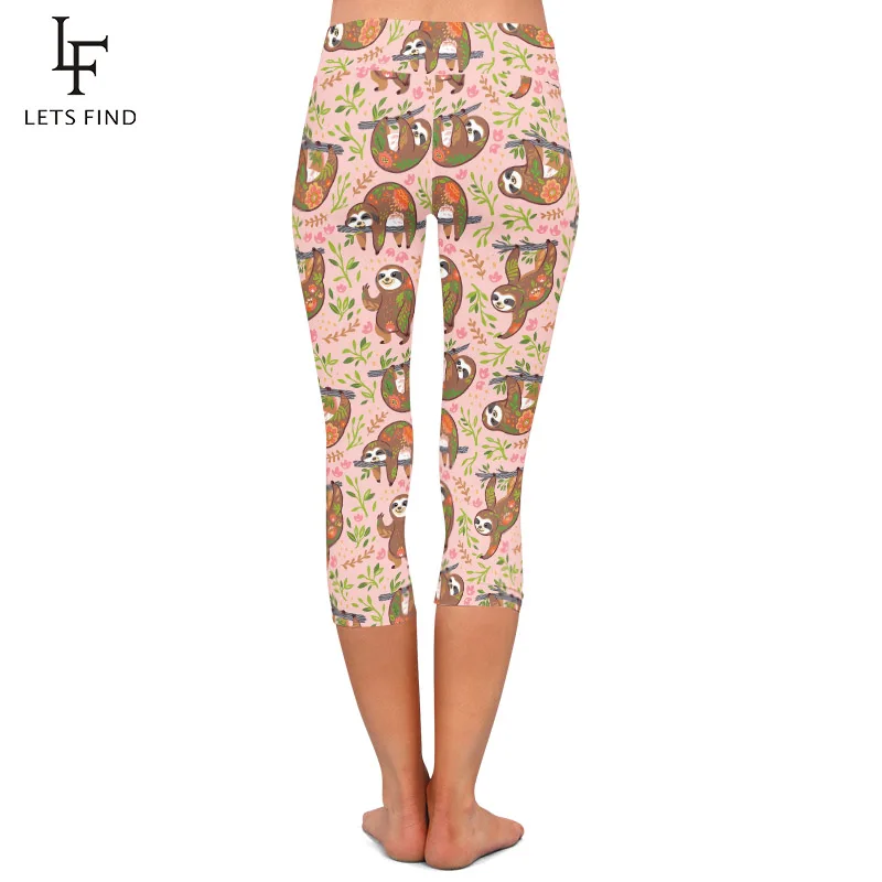 LETSFIND High Quaility Women Cute Sloths with Floral  Print Mid-Calf Leggings High Waist Fitness Slim Capri Leggings