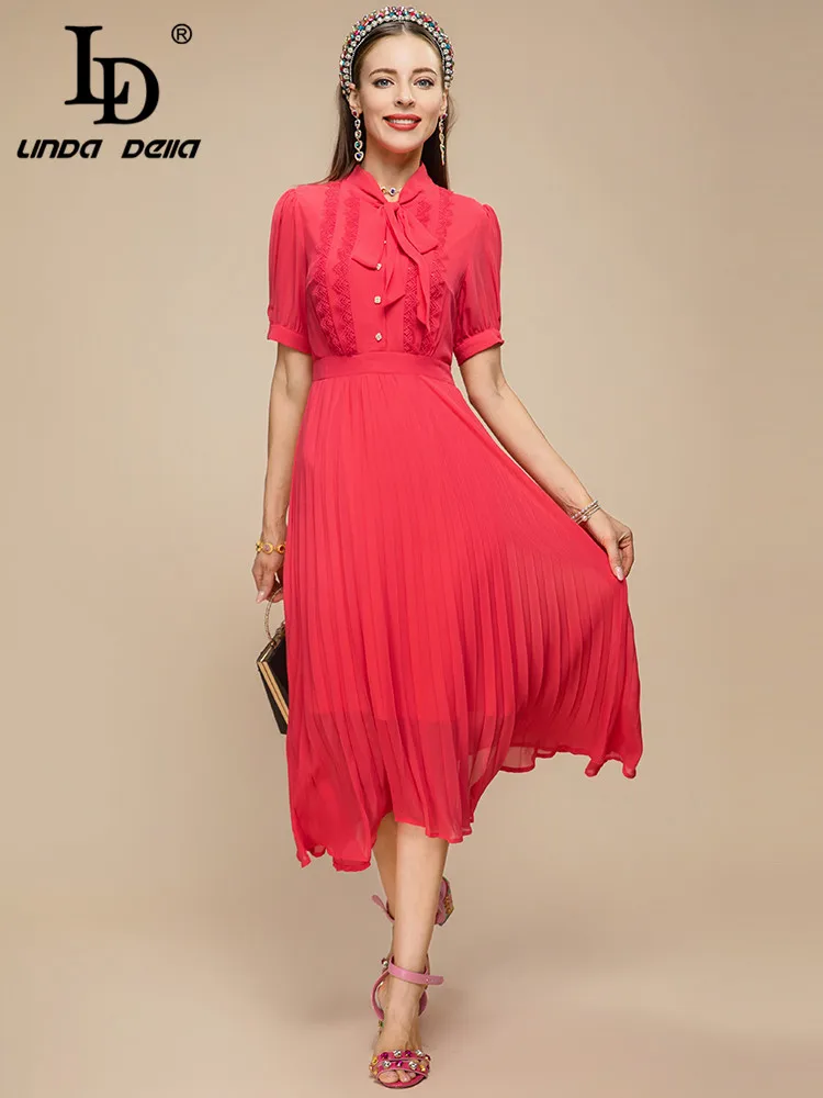 

LD LINDA DELLA 2023 Новое модное подиумное летнее платье для женщин с коротким рукавом Кружевное однобортное красное плиссированное платье миди с высокой талией
