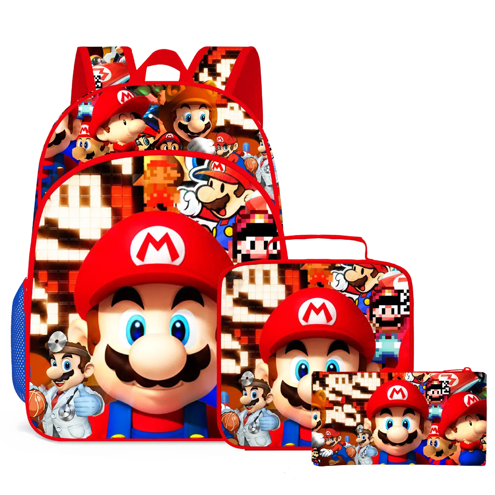 

3PC-Mario Mario Cute Cartoon Anime Primary and Middle School Students Backpack Children's Schoolbag Three-piece Set