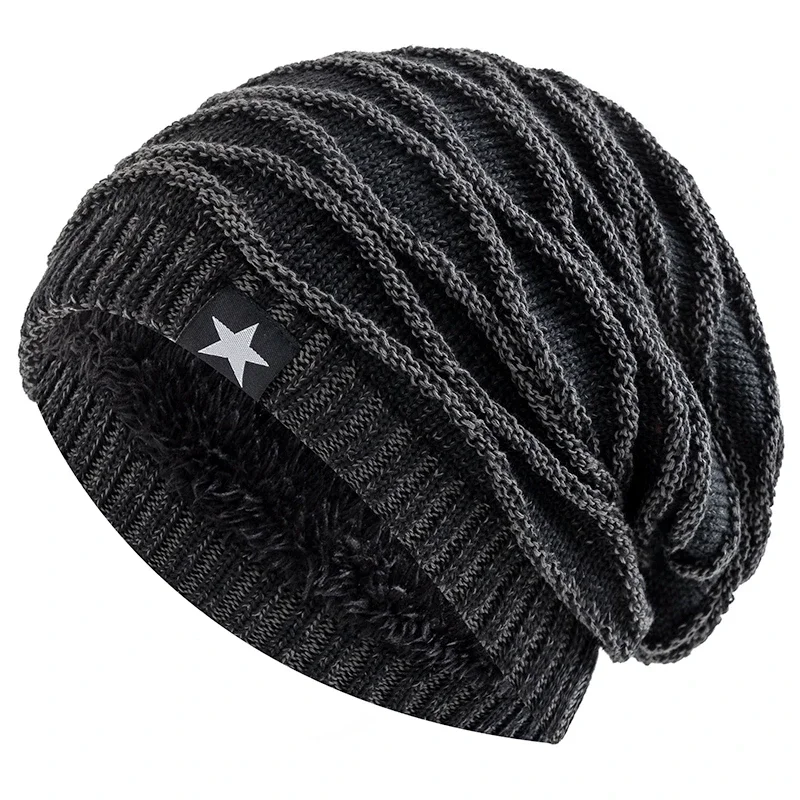 

New Unisex Slouchy Winter Hats Add Fur Lined Men And Women Warm Beanie Cap Casual Five-pointed Star Decor Winter Knitted Hats