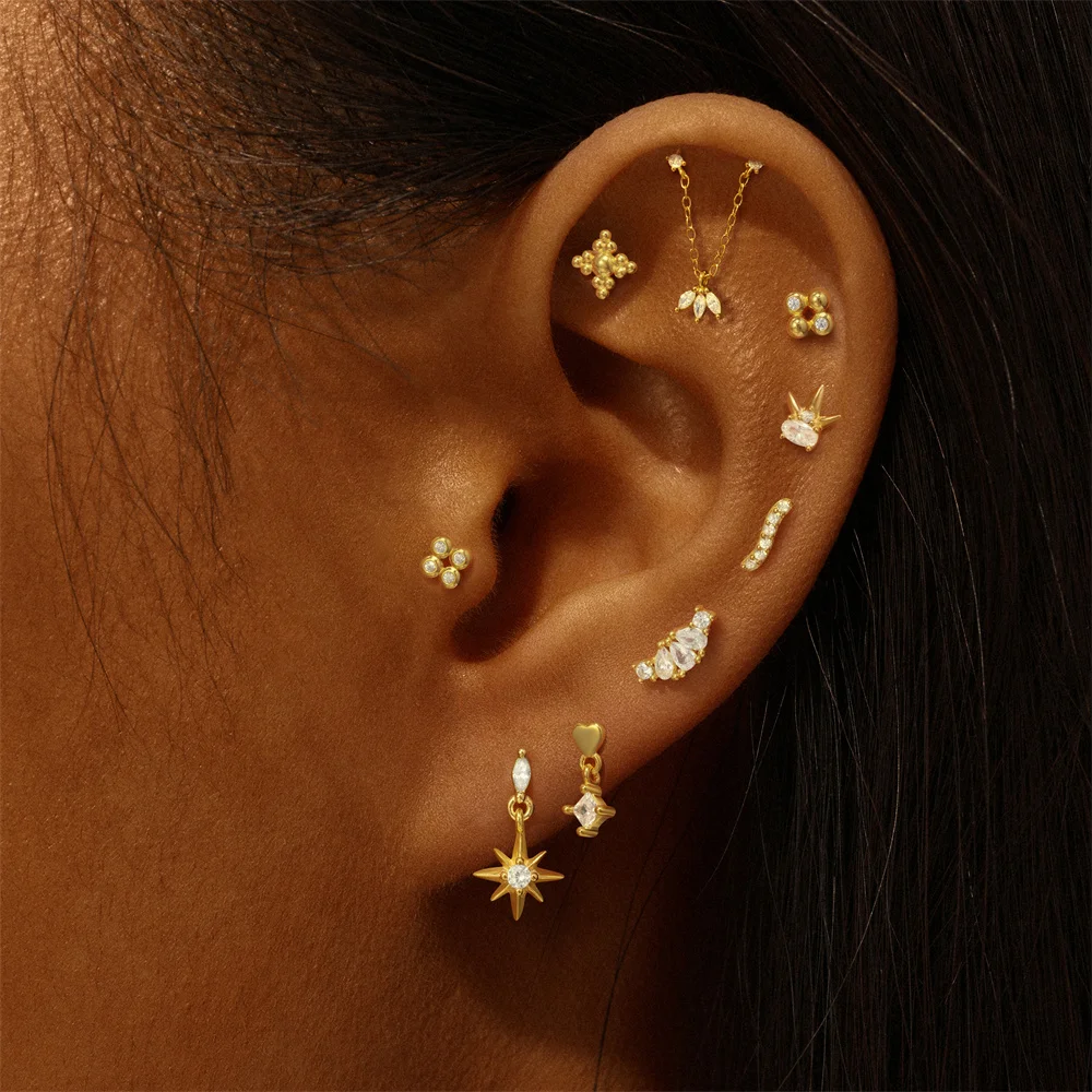 Canner 925 Sterling Silver Tassel Chain Star Mini Zircon Flat Piercing Stud Earrings
