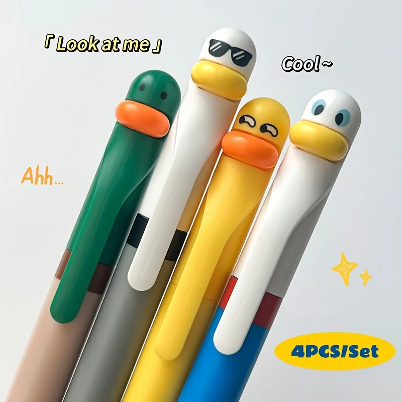 4PCS of Duck-shaped Rotating Gel Pens, 0.5mm Black Pen Reflow Writing Pens, Stress-relieving and Fun Office Signature Pens