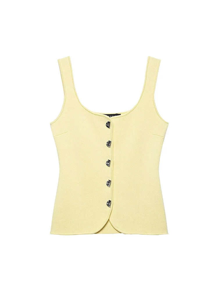 TFMLN 2025 Women Chic Wide Sling Knit Tops Sleeveless Solid Color Single Breasted Camis Tank Lady Slimming Fashion Knitwear