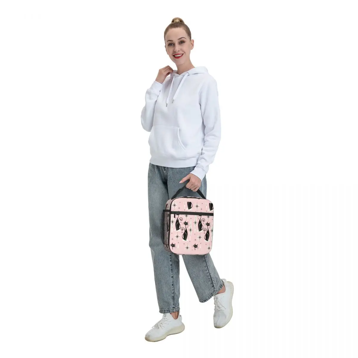 Black Cat Kitty Insulated Lunch Bags Mid Century Meow Retro Atomic Kitten Portable Thermal Cooler Bento Box Work School Travel