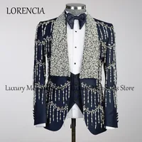 Customized Crystal Men Suits 2 Pieces Sets Groom Wedding Tuxedos With Tassel Diamond Male Prom Blazers Terno Masculino Completo 1
