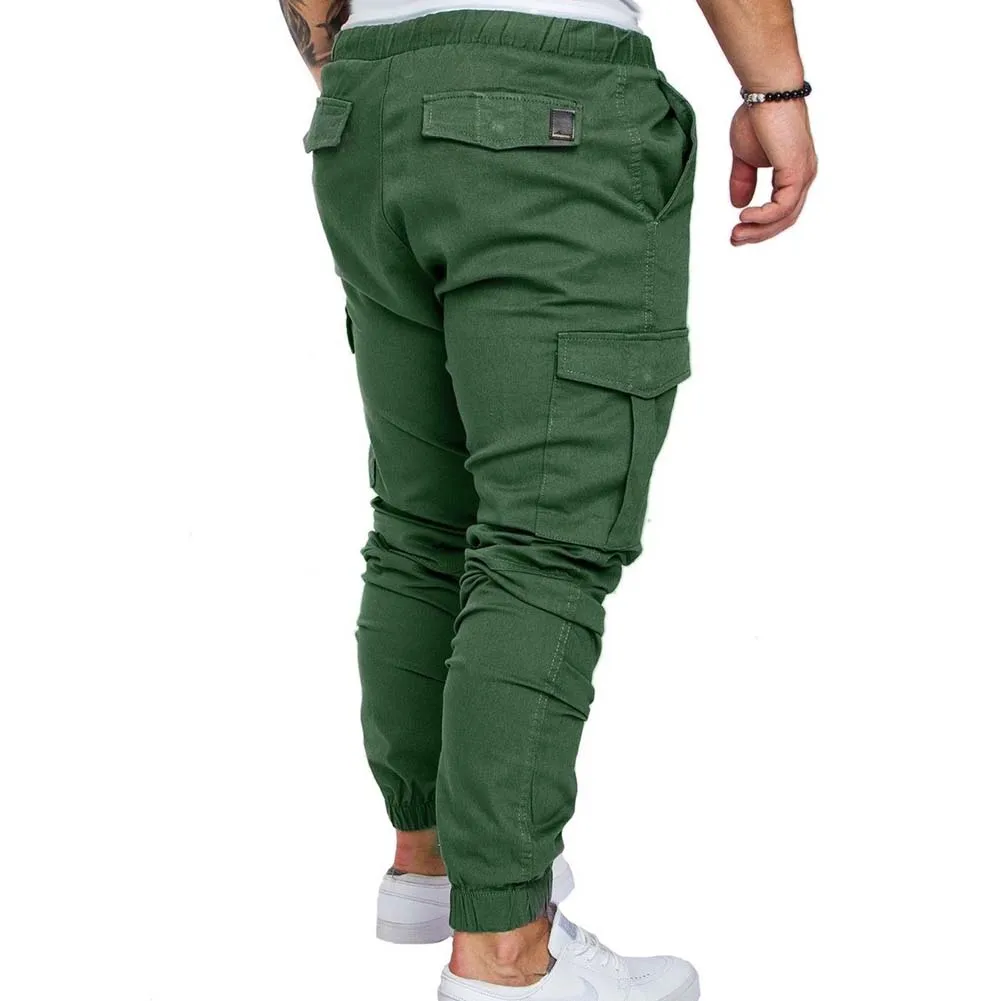 Casual Pants Men Casual Pants Plus Size Solid Color Multi Pocket Drawstring Ankle Tie Cargo Pants