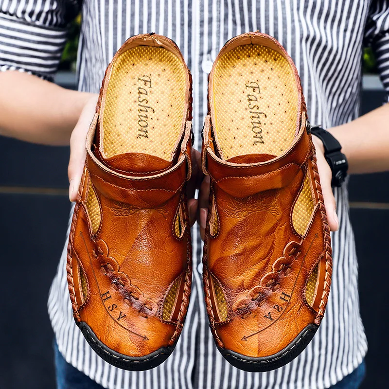 

Quality Genuine Leather Men Sandals Summer Baotou Casual Man Slippers Convenient Slip on Male Sandals Outdoor Trekking Sandales