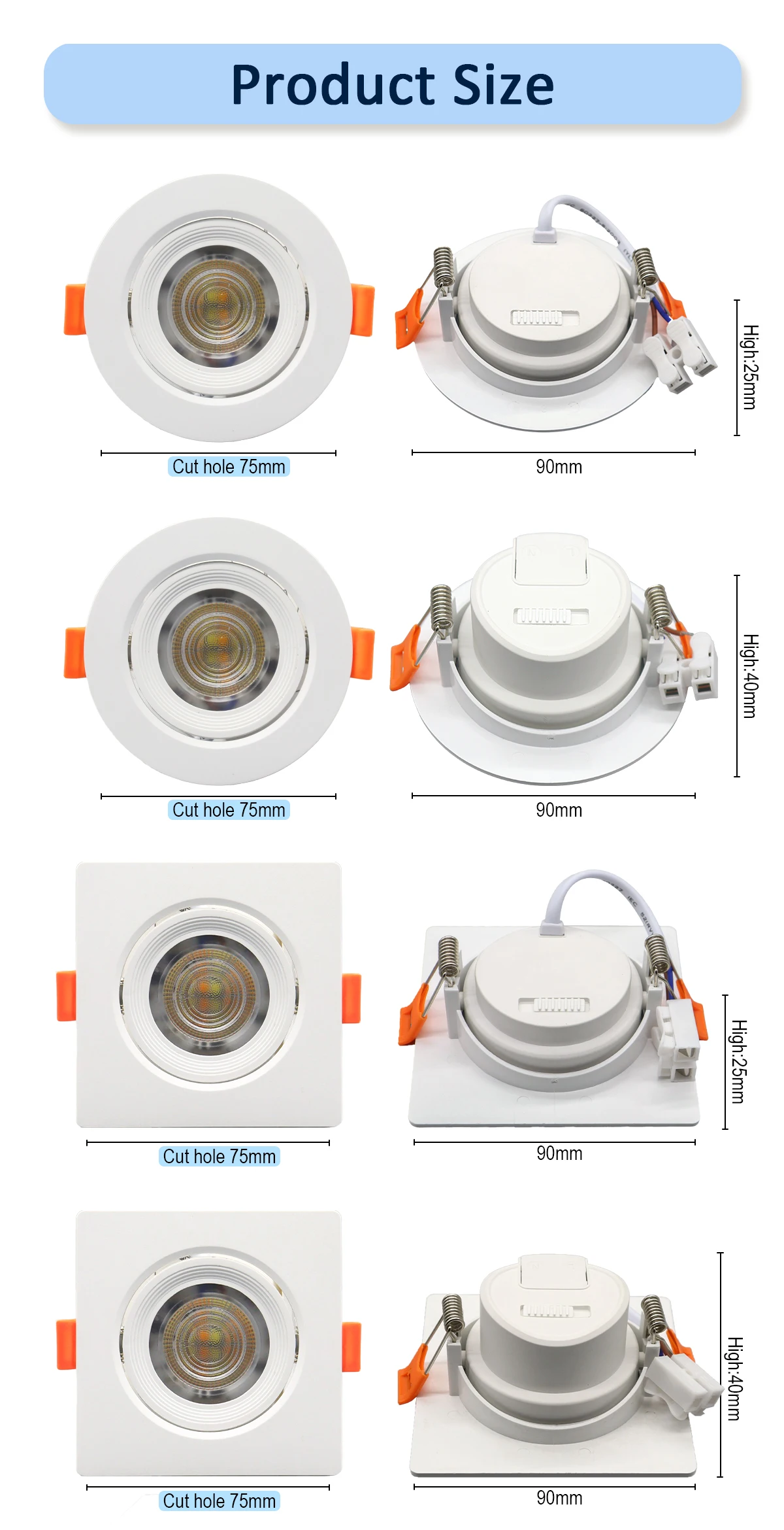 Description Picture 6 of item5pcs Tri color dimming embedded LED ceiling spotlights AC 220V 110V Adjustable angle Downlight 7W 770lm for home decoration