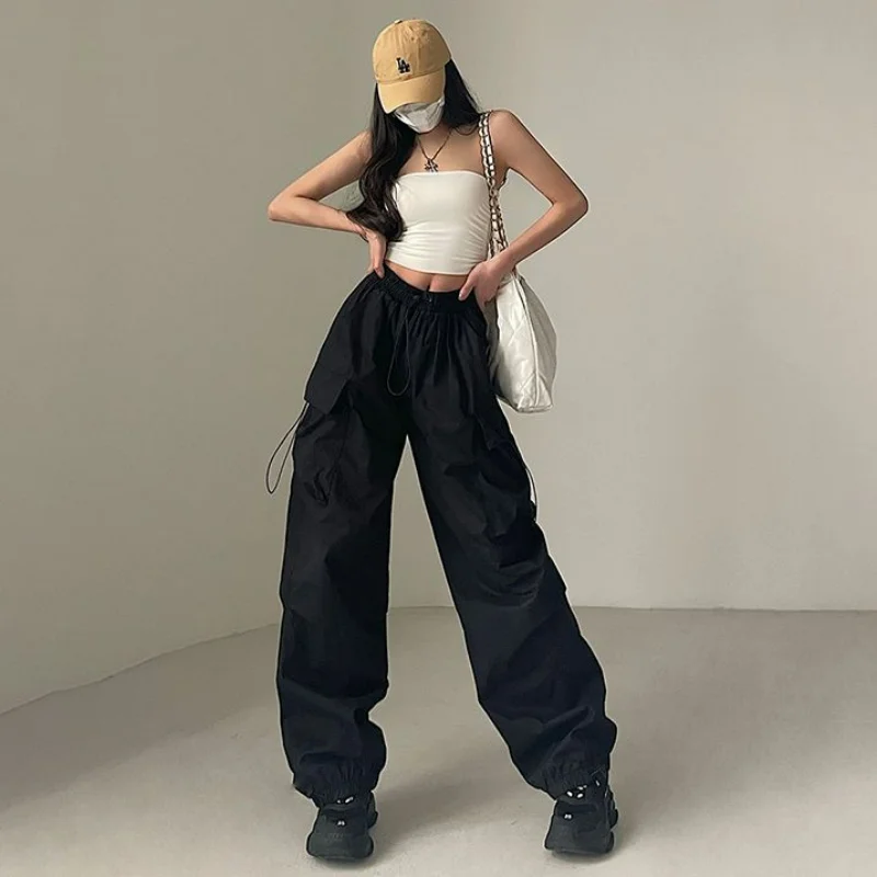 American Workwear Pants Women Loose Solid Elastic High Waist Drawstring Pockets Versatile Trend Sports Casual Wide Leg Trousers