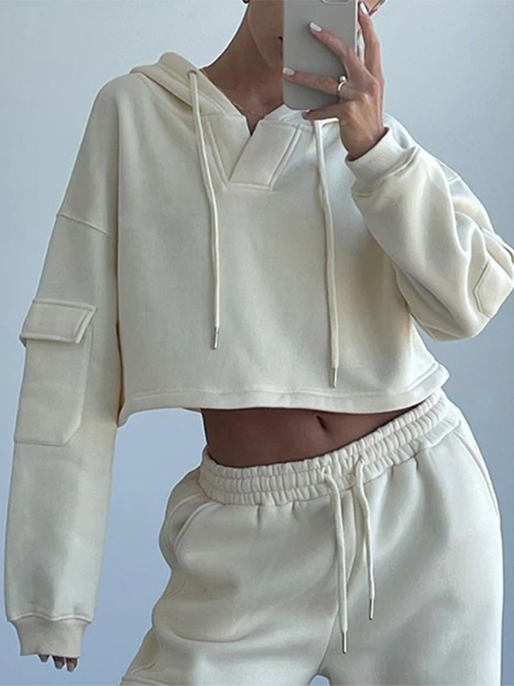 

SEASONS Solid Loose Crop Hoodies Women Streetwear Casual Winter Pockets Long Sleeve Sweatshirt Fitness Ladies Clothes ASHO85869