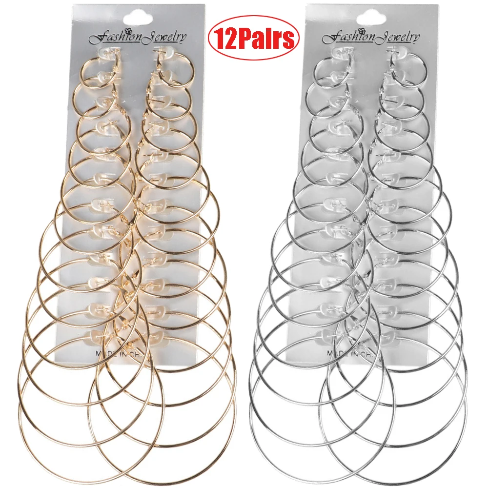 

12Pairs/6Pairs/1Pair Simple Punk Hoop Earrings Set Big Circle Earrings Jewelry for Women Girls Ear Hoops Earring Round Oversized