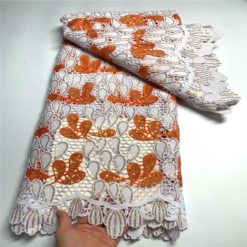 

African Lace Fabric with Sequins, Milk Silk, French Cord Embroidery, Mesh Material for Nigerian Robe, High Quality, 5Yards, 2023
