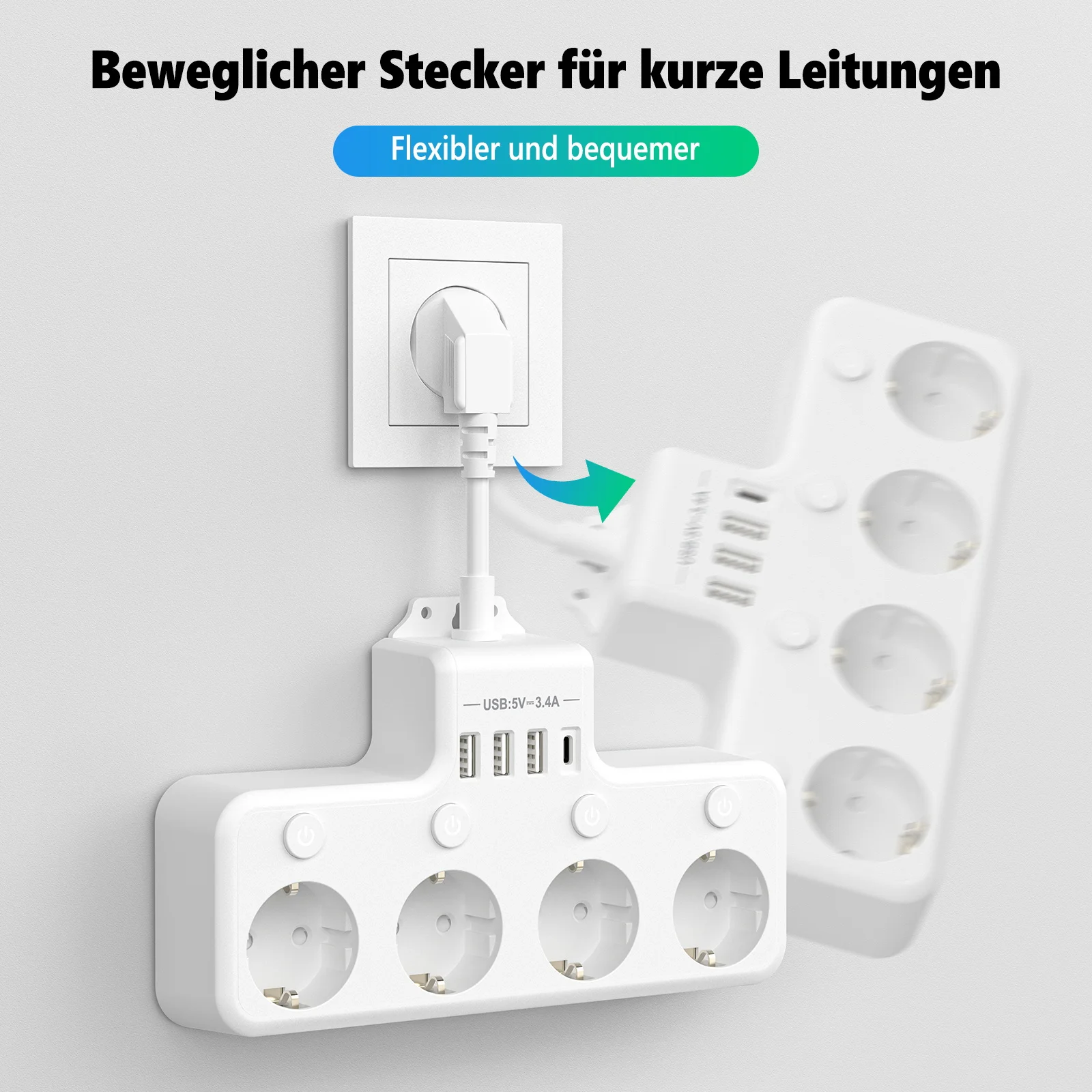 EU Plug Power Strip Multiple Socket with Individual switch 4 AC Outlets 4 USB Wall Socket Surge Protector