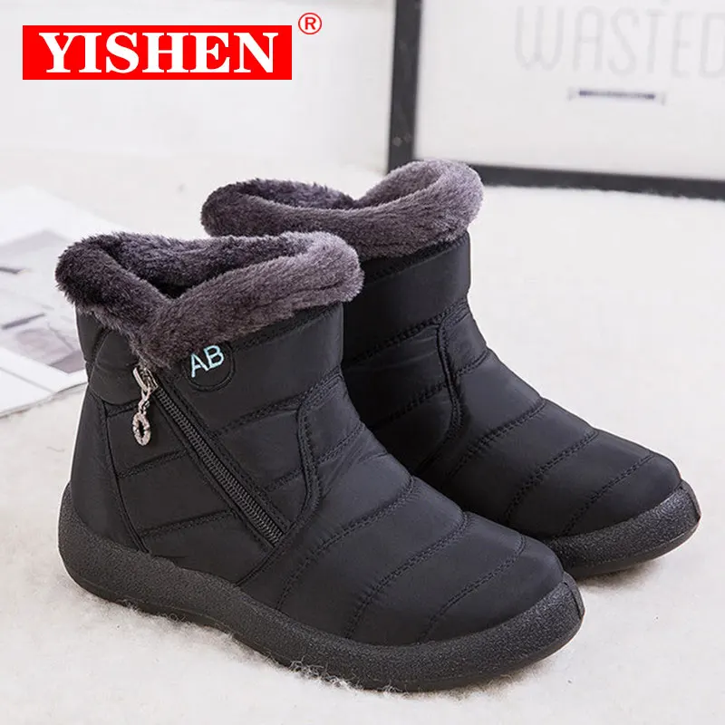 

Женские ботинки YISHEN, водонепроницаемые зимние ботинки, зимняя теплая Повседневная обувь с мехом, легкие женские ботинки на молнии, ботильоны размера плюс 43