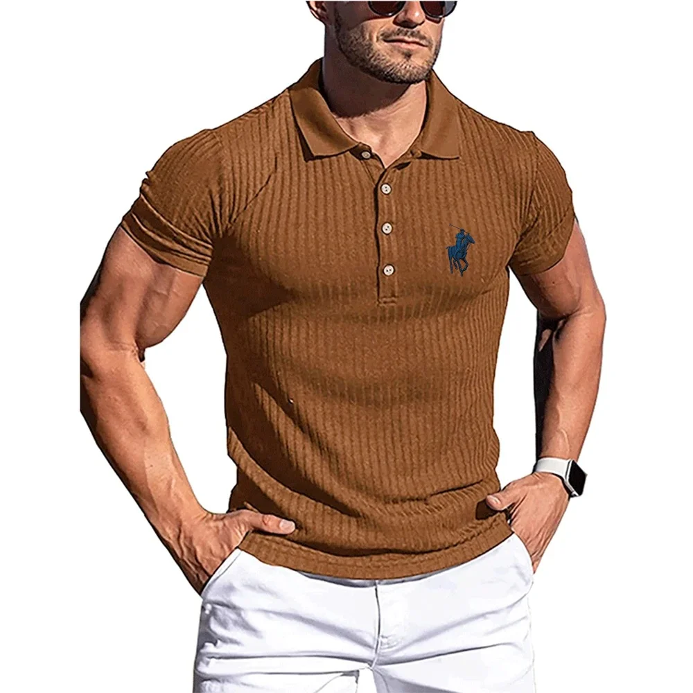 

New Summer Polo Men Solid Stripe Fitness Elasticity Short Sleeve Polo Shirts for Men Fashion Stand Collar Mens Shirts