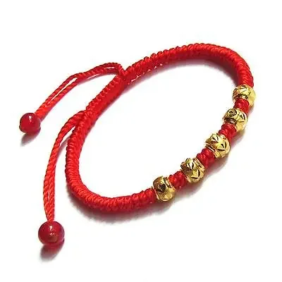 

Fine Pure 999 24k Solid Yellow Gold Beads Red Knitted Chain Bracelet 0.1g*5