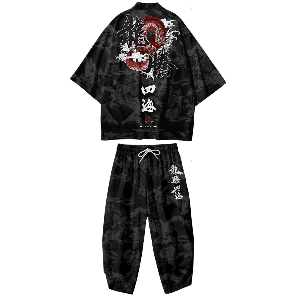 Plus Size XS-6XL Japanese Kimono Cardigan Suit Men's Spring Thin Print Coat Suit Nine-Point Pants Asian Ethnic Special Clothing