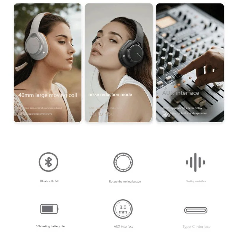 مقبض حجم دوار ANC نشط إلغاء الضوضاء فوق الأذن سماع...