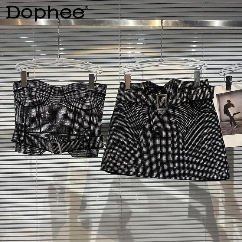 Summer 2023 New Hot Girl Socialite Belt Chest Plate Tube Top Vest Women's Full Diamond Heavy Industry Skirt Outfit Two-Piece Set 2023 new vintage small size last supper theme christian trinket storage box metal jewelry box treasure chest