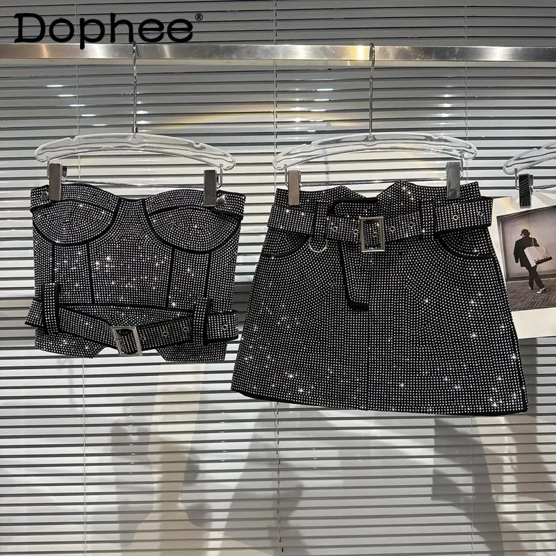 Summer 2023 New Hot Girl Socialite Belt Chest Plate Tube Top Vest Women's Full Diamond Heavy Industry Skirt Outfit Two-Piece Set vintage metal jewelry box treasure chest case ring holder necklace earring organizer keepsake box wedding birthday gift for girl