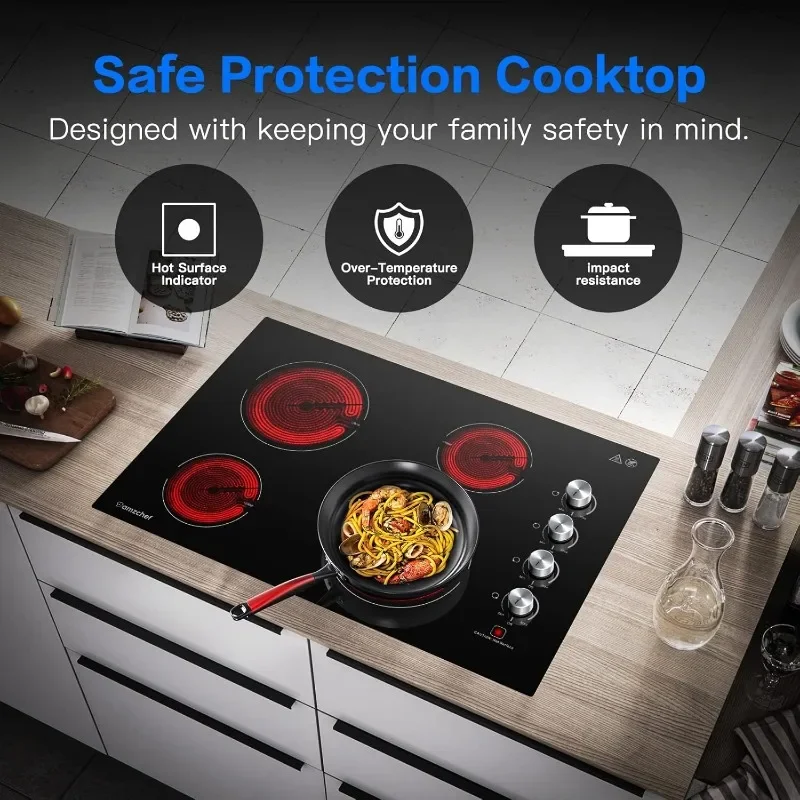 AMZCHEF 30 Inch Built-in Electric Cooktop,7000W and 4 Burners Cooktop with ETL Safety Certified,Knob Control Levels