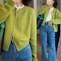 Korean Style Double Zipper Avocado Green Knitted Short Cardigan Women's Outerwear Slimming Versatile Short Sweater Coat