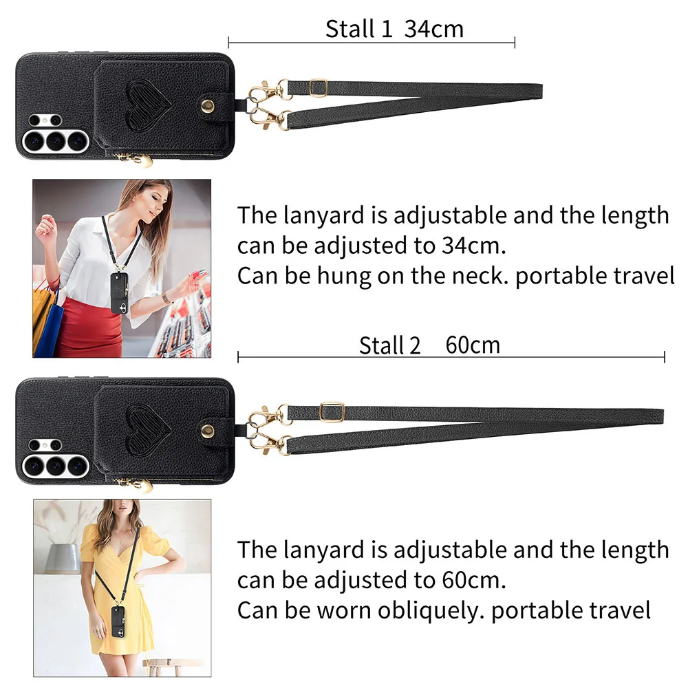 Leather Zipper Wallet Phone Case with Card Holder and Lanyard