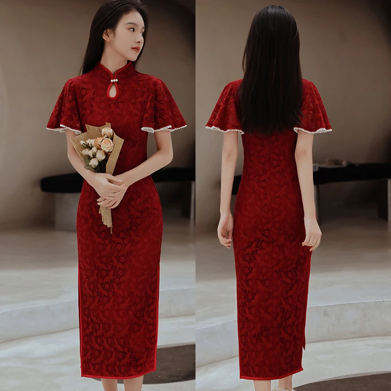 

Sexy Burgundy Lace Women Qipao Chinese Traditional Cheongsam Dress Vintage Slim Evening Party Dress Classic Elegant Vestidos