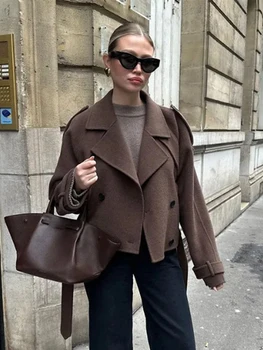 Cappotto di lana retrò marrone da donna Manica lunga Risvolto Doppio petto Giacche corte larghe 2025 Autunno Inverno Moda Lady Capispalla 1