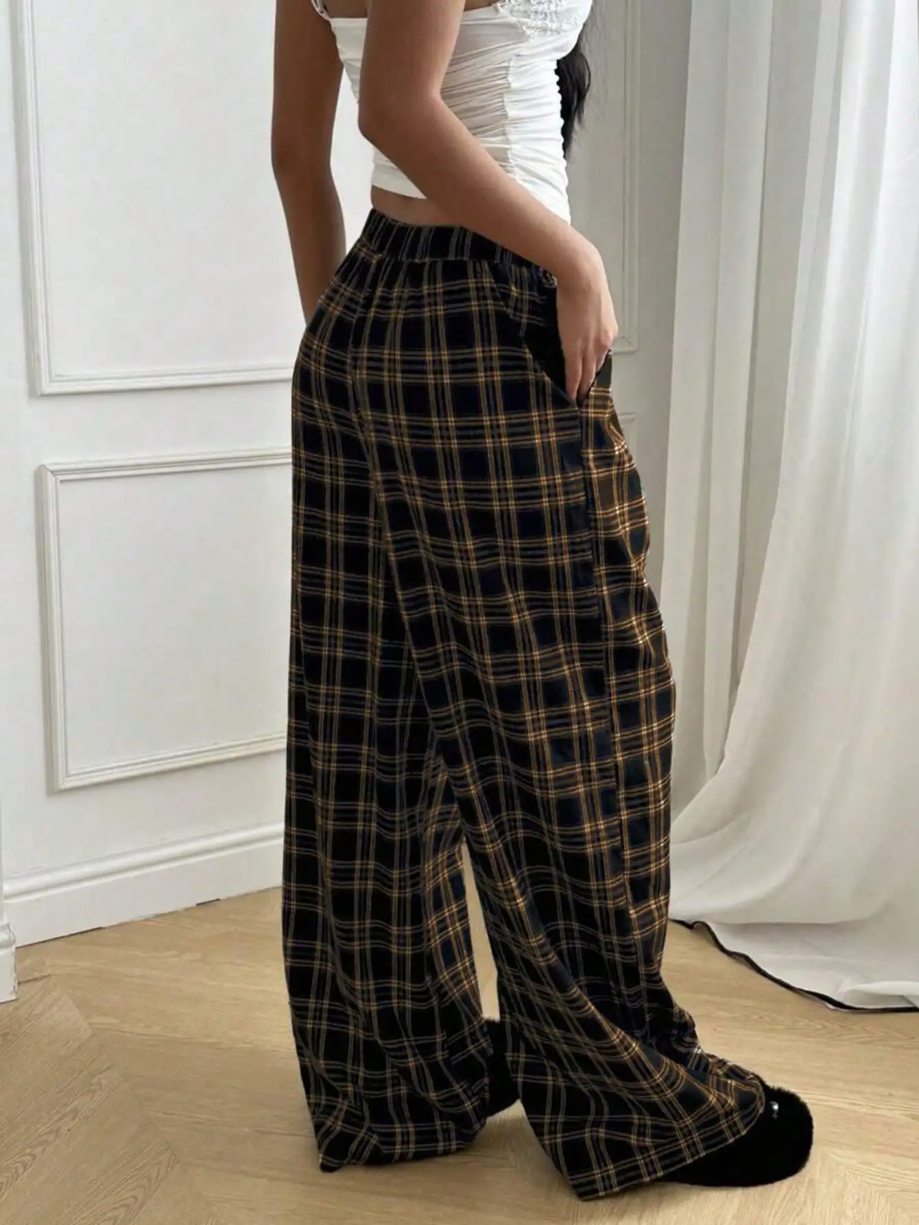 Plaid Pants for Women, High Waist Drawstring Wide Leg Trousers, Casual Streetwear Lounge Pants - 3